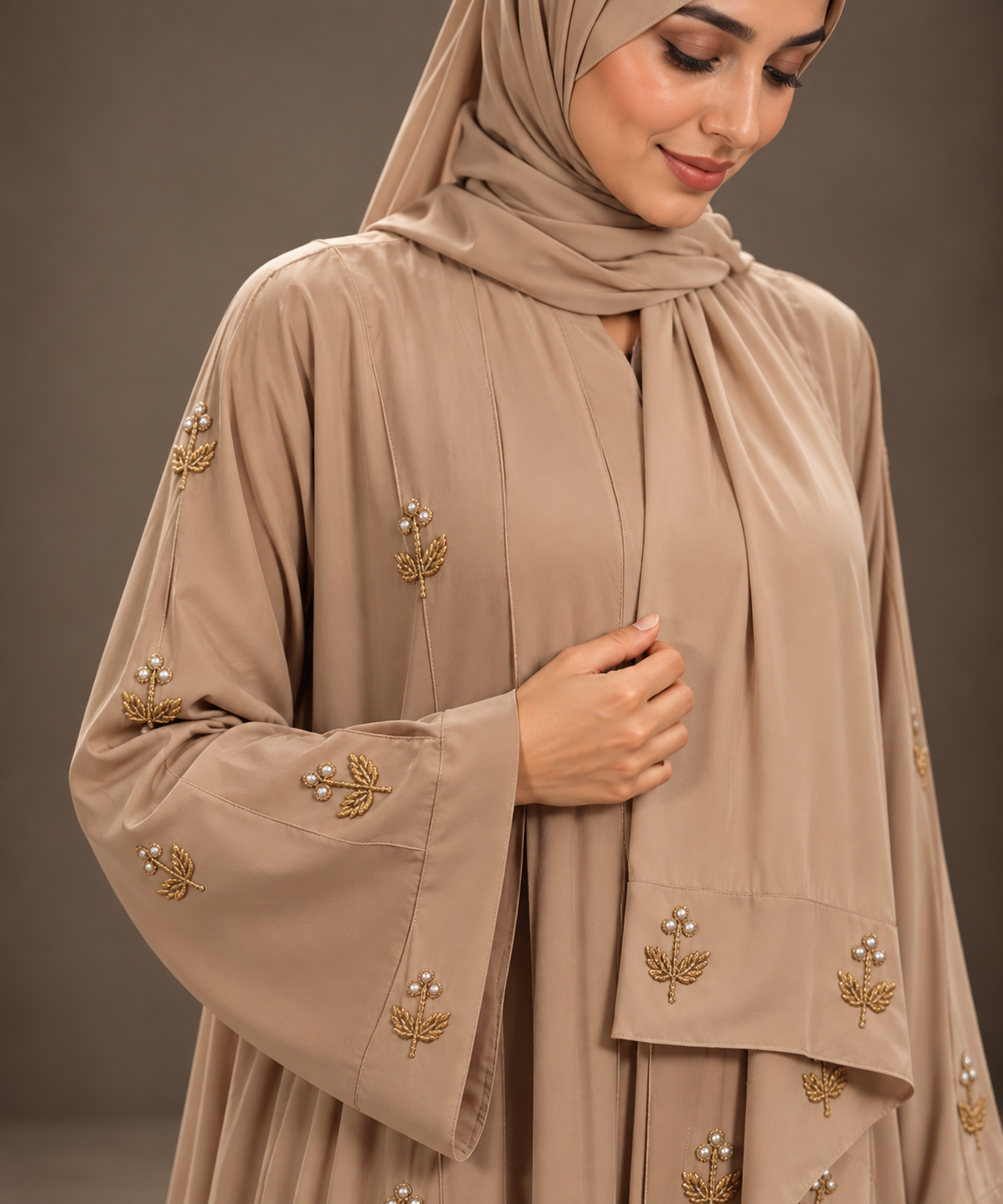 Cashmere Brown Gold Crusted Embroidery Abaya