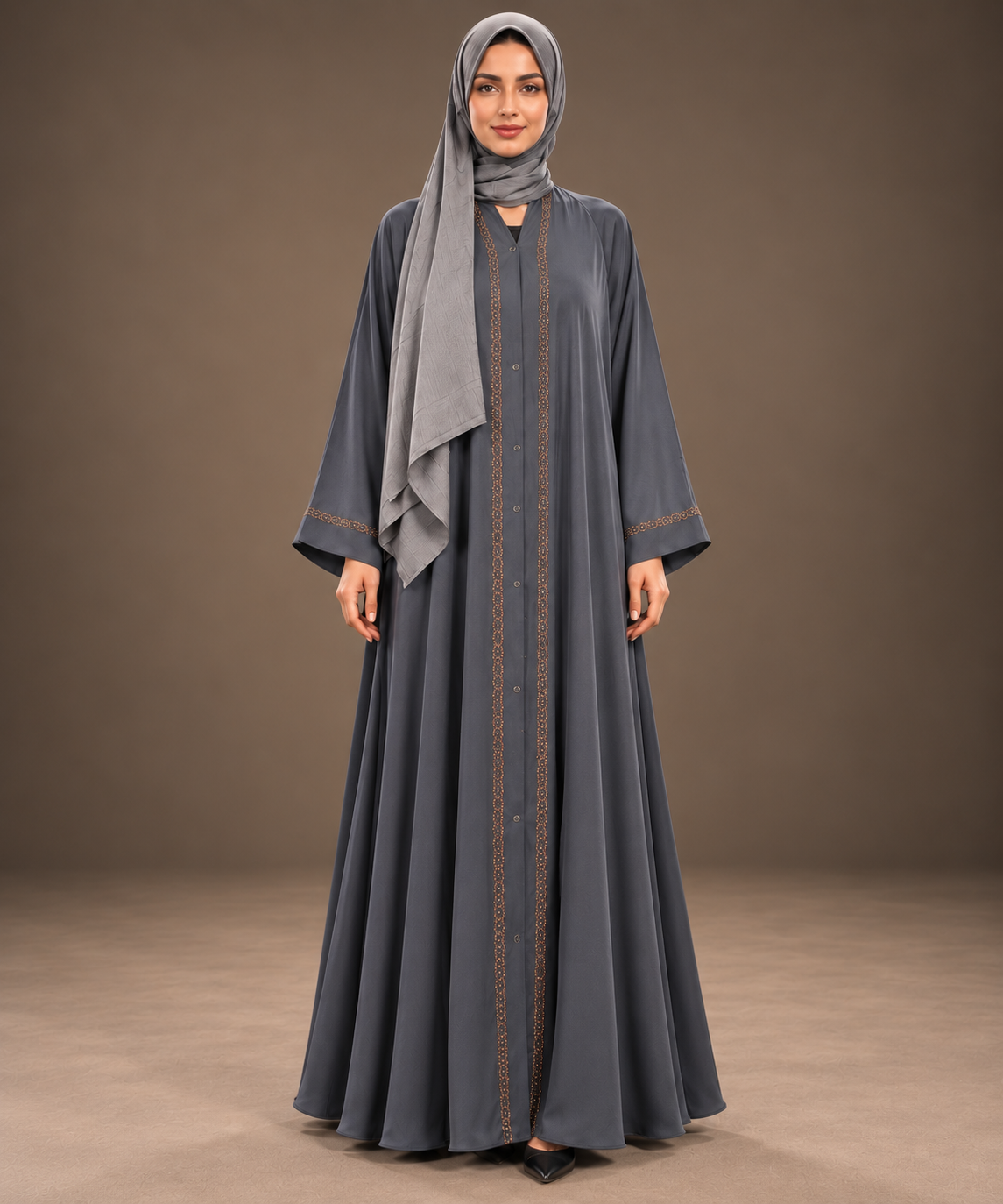 Charcoal Grey Crystal Trim Abaya