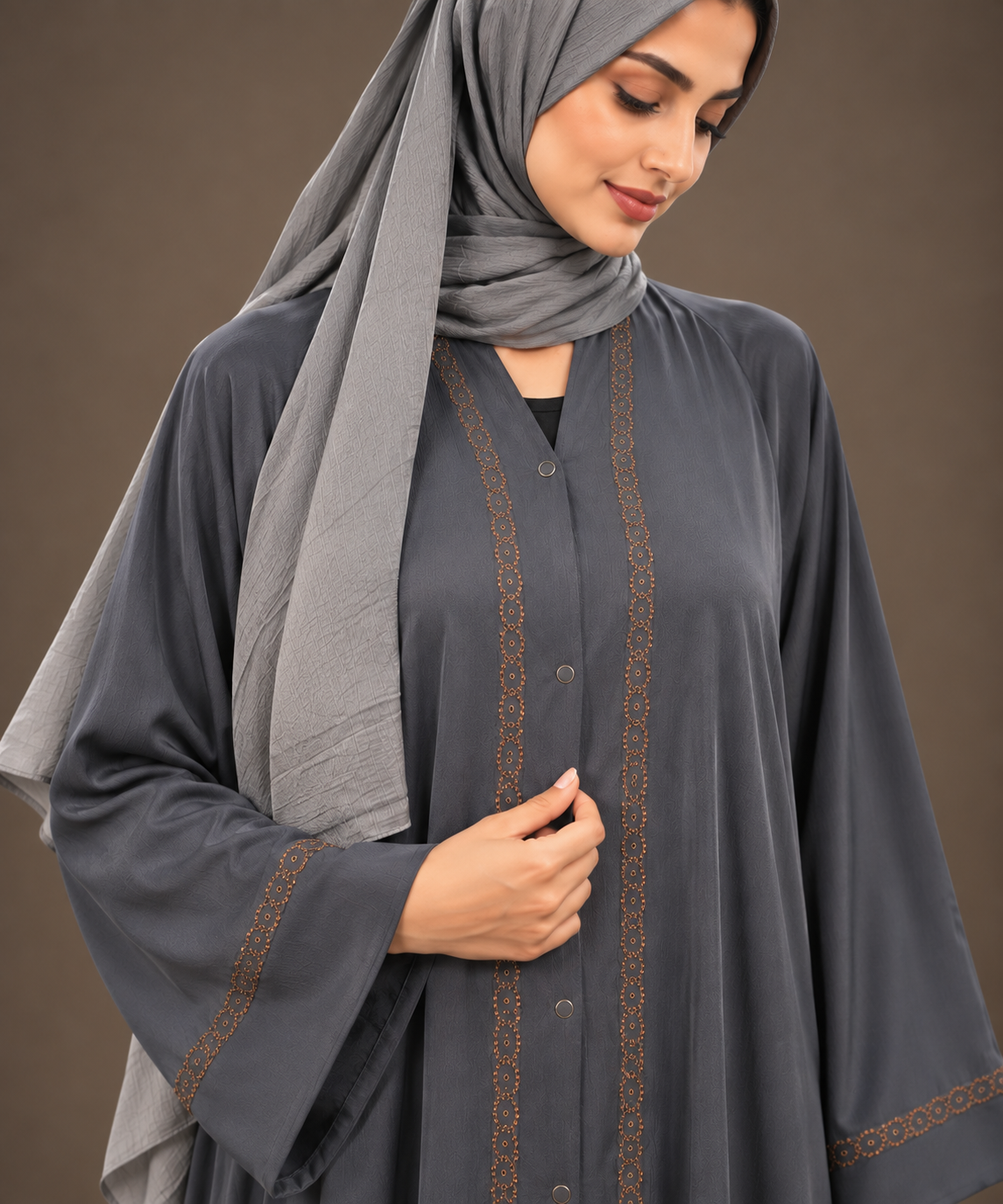 Charcoal Grey Crystal Trim Abaya