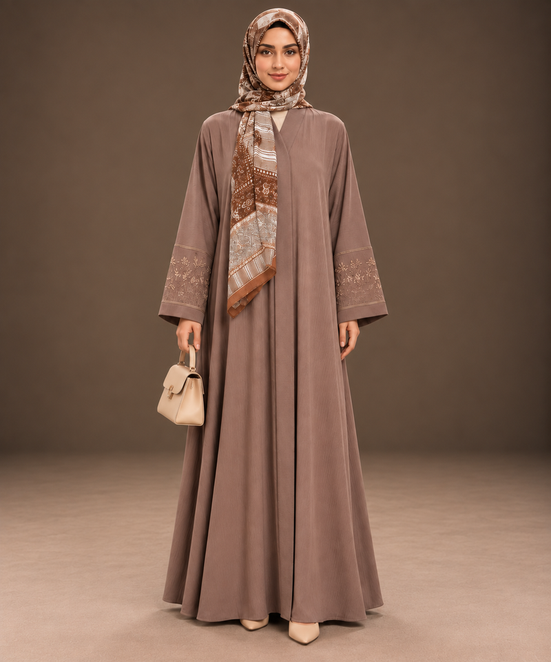 Golden Feather Embroidered Abaya with Printed Hijab