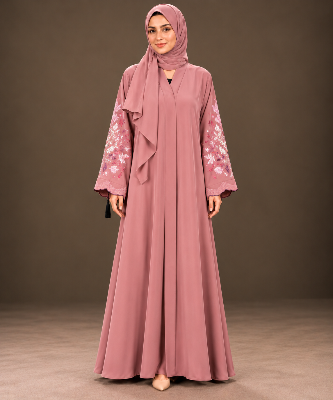 Dusty Rose Floral Embroidered Abaya