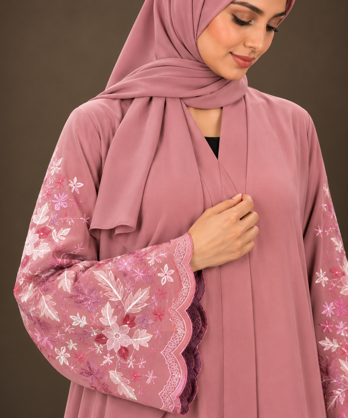 Dusty Rose Floral Embroidered Abaya
