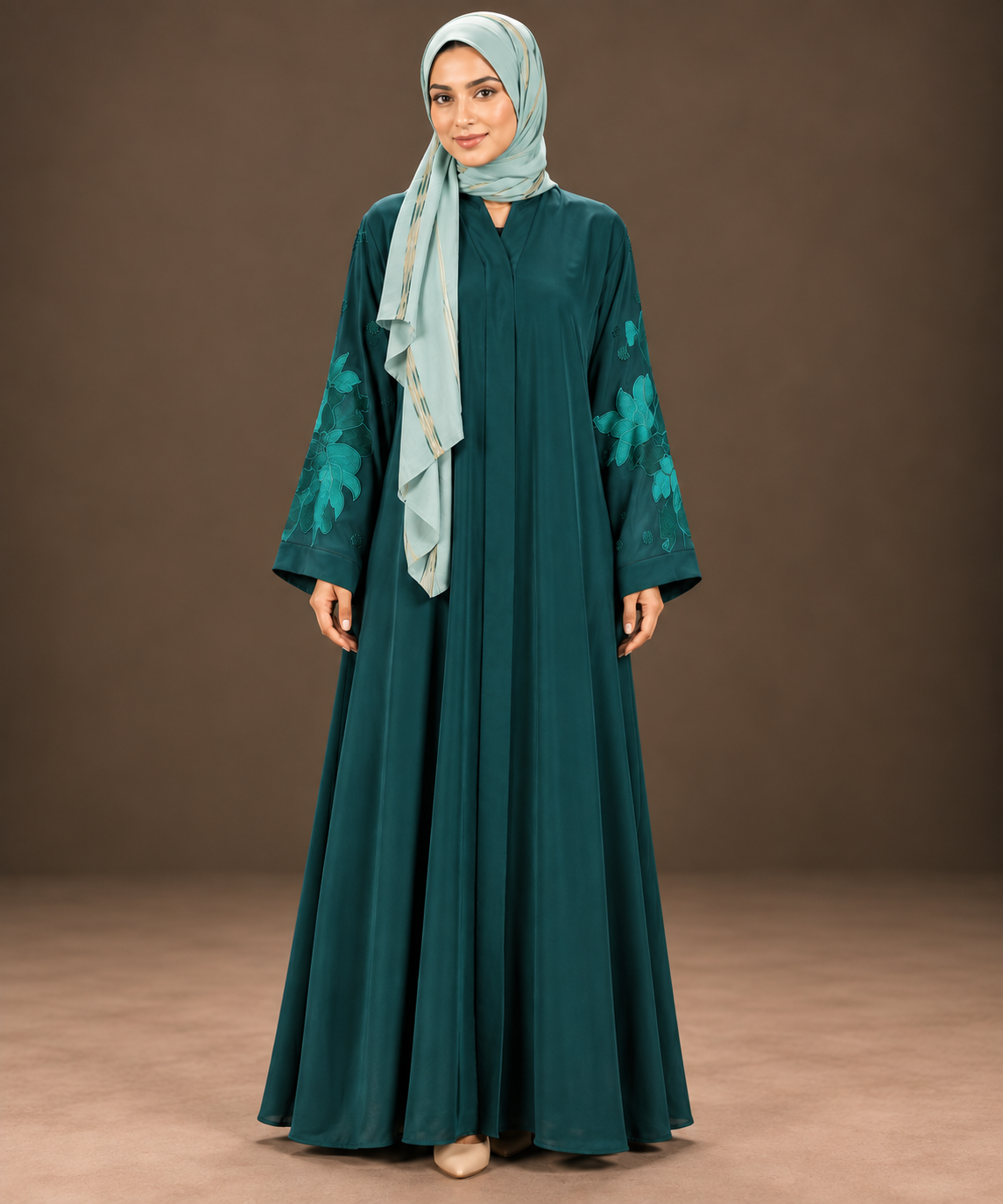 Emerald Teal Leaf Embroidered Abaya