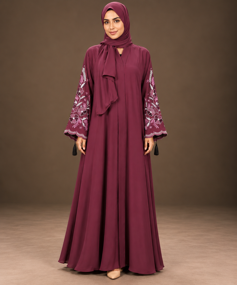 Maroon Floral Embroidered Abaya