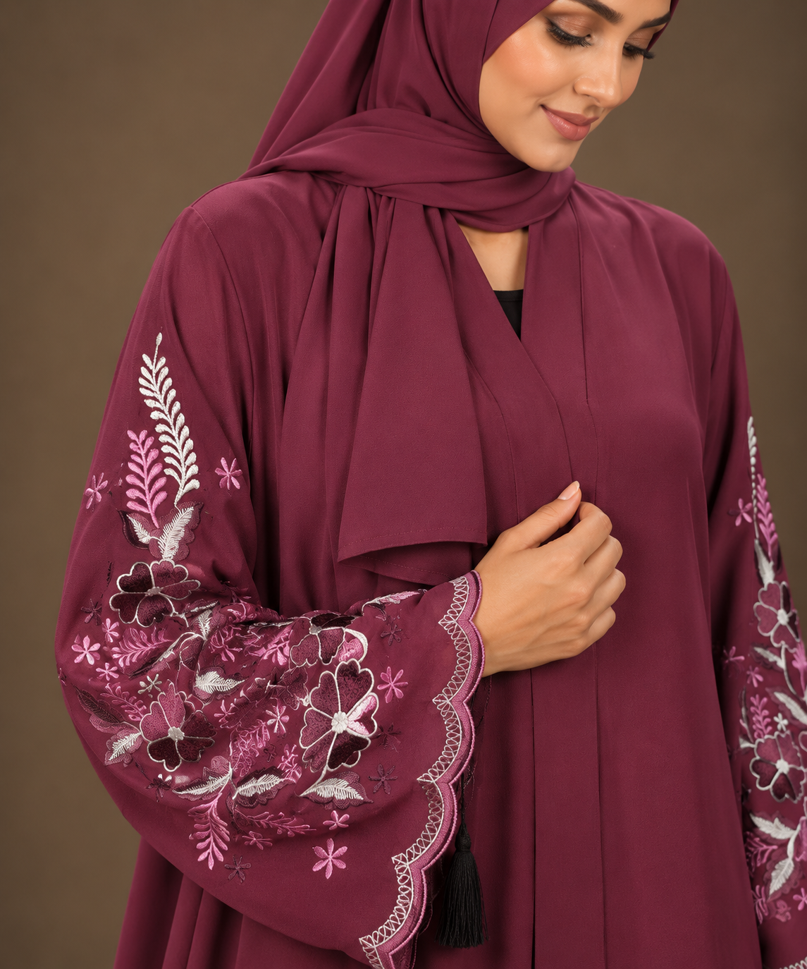 Maroon Floral Embroidered Abaya