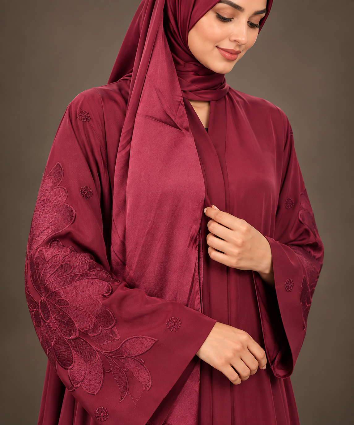 Maroon Tonal Floral Dot Embroidered Abaya