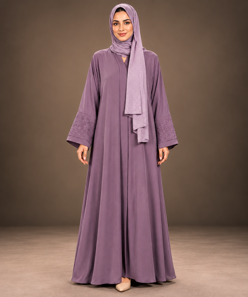 Mauve Purple Floral Vine Embroidered Abaya
