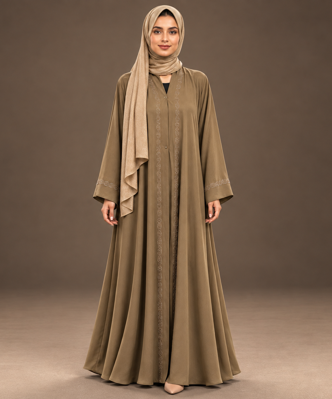 Olive Brown Crystal Trim Abaya
