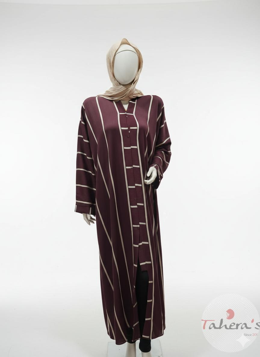 Red Umber White Striped Front Open Abaya