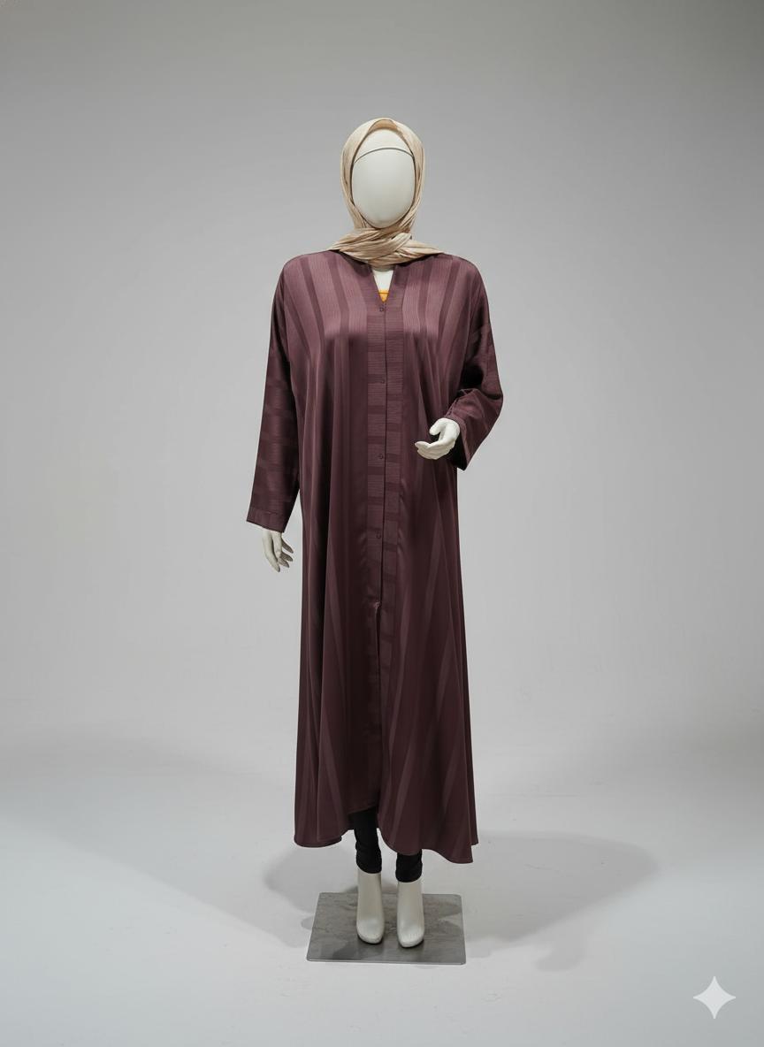 Wine Purple Front Open Striped Abaya
