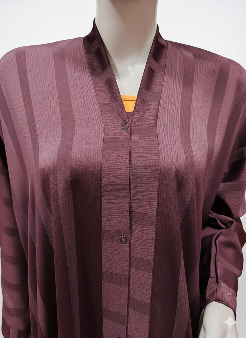 Wine Purple Front Open Striped Abaya