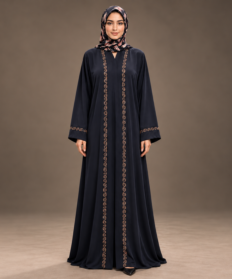 Black Scroll Crystal Trim Abaya
