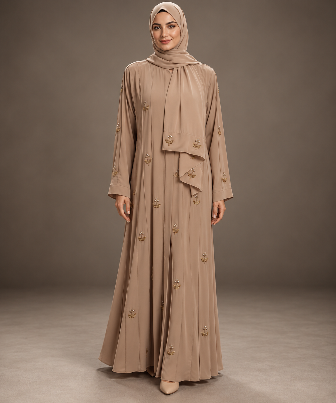 Cashmere Brown Gold Crusted Embroidery Abaya