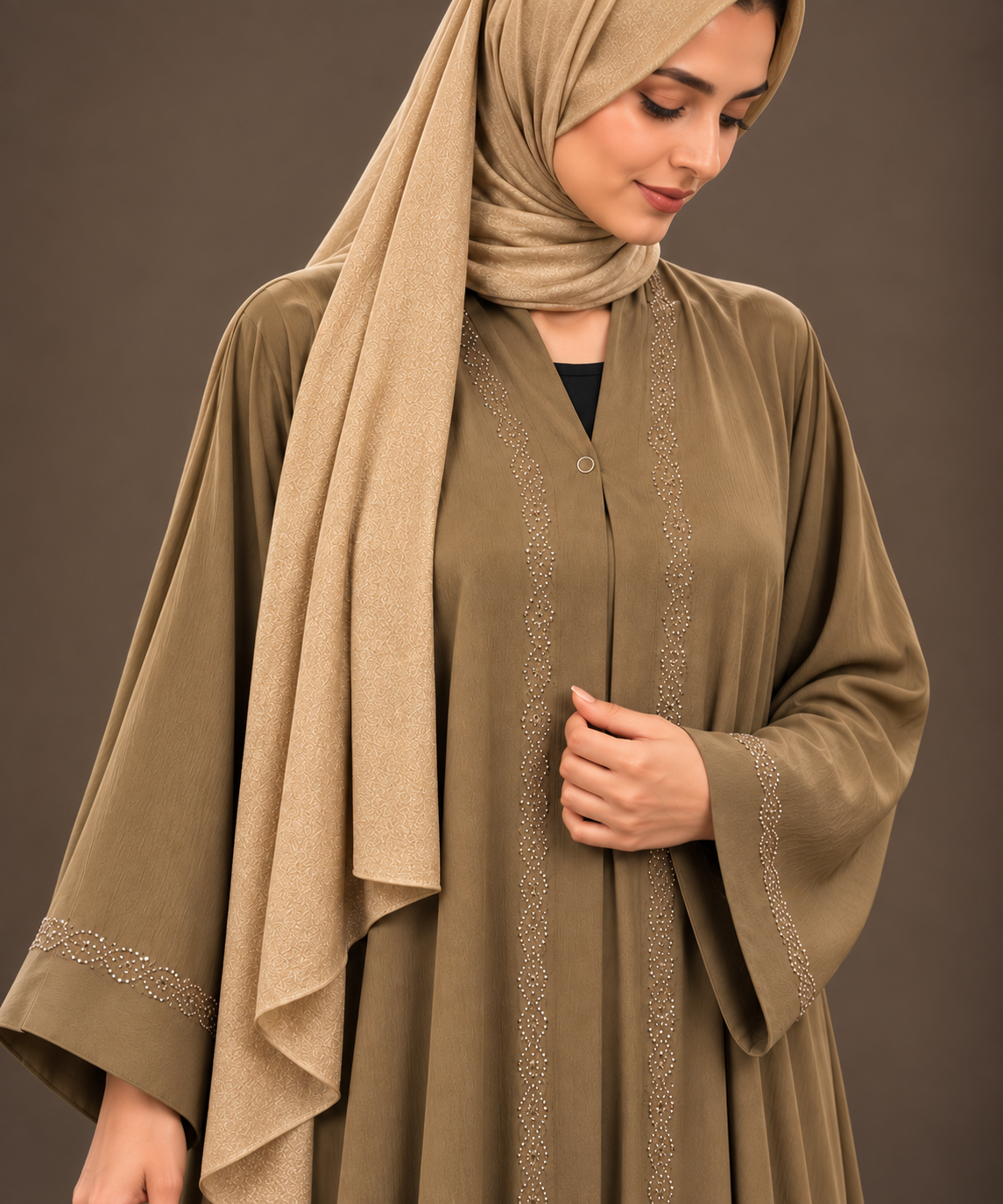 Olive Brown Crystal Trim Abaya