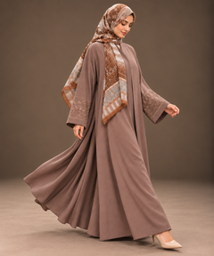 Golden Feather Embroidered Abaya with Printed Hijab — Tahera's modest wear Pakistan