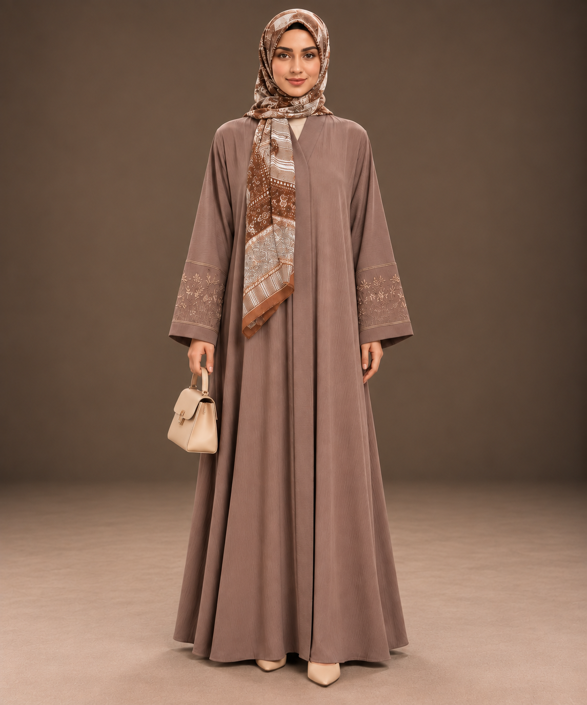 Golden Feather Embroidered Abaya with Printed Hijab — Tahera's modest wear Pakistan