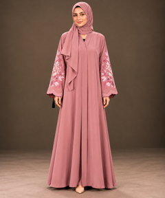 Dusty Rose Floral Embroidered Abaya — Tahera's modest wear Pakistan