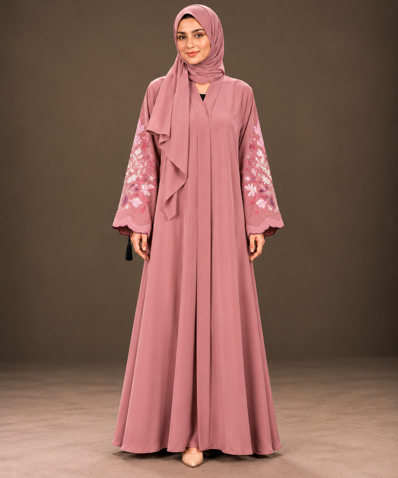 Dusty Rose Floral Embroidered Abaya