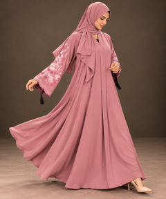 Dusty Rose Floral Embroidered Abaya — Tahera's modest wear Pakistan