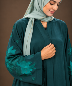 Emerald Teal Leaf Embroidered Abaya — Tahera's modest wear Pakistan