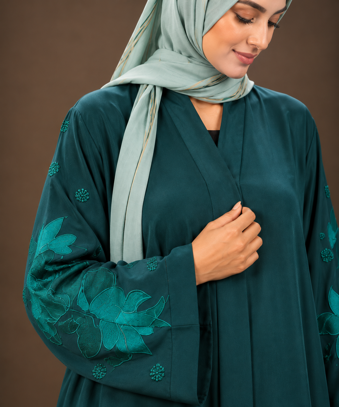 Emerald Teal Leaf Embroidered Abaya