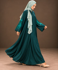 Emerald Teal Leaf Embroidered Abaya — Tahera's modest wear Pakistan