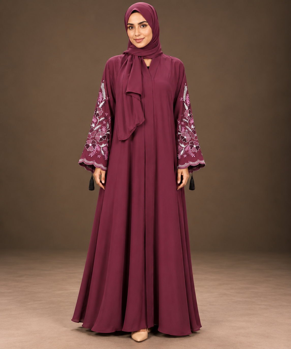 Maroon Floral Embroidered Abaya