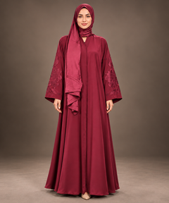 Maroon Tonal Floral Dot Embroidered Abaya — Tahera's modest wear Pakistan