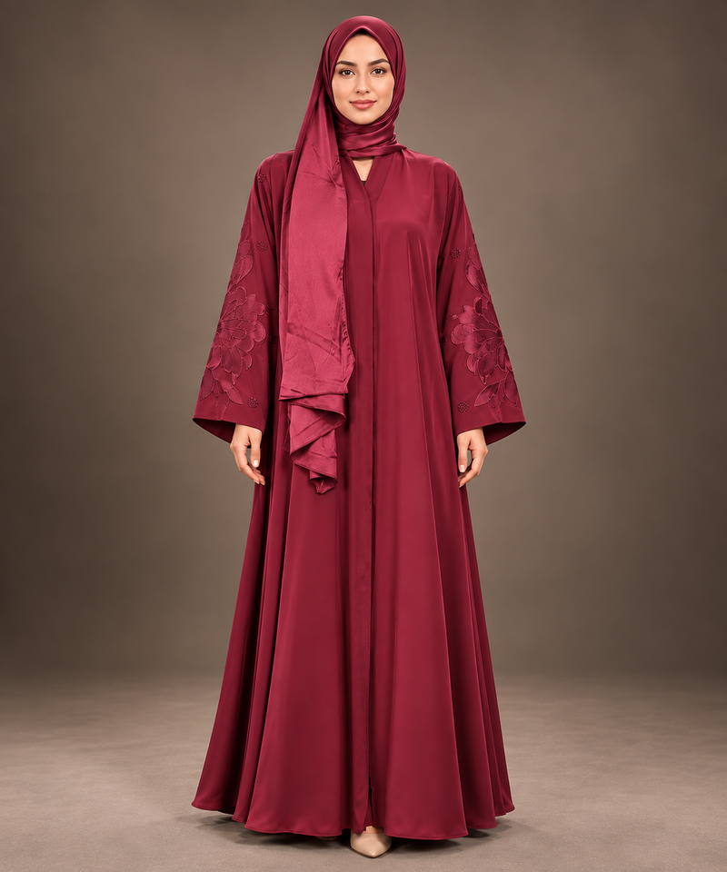 Maroon Tonal Floral Dot Embroidered Abaya