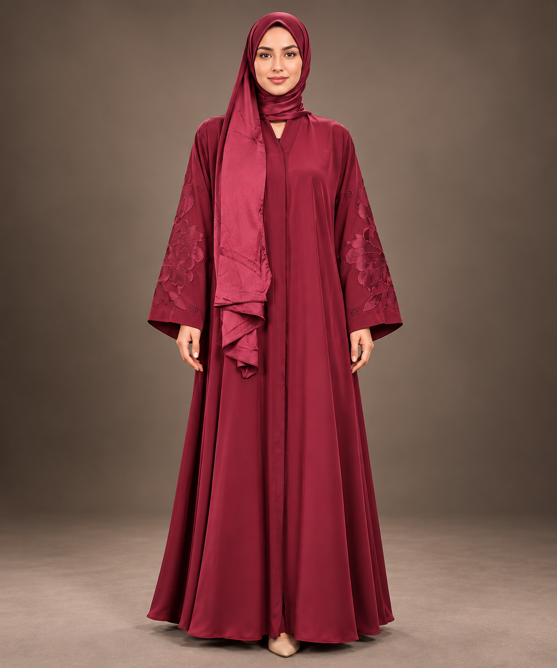 Maroon Tonal Floral Dot Embroidered Abaya