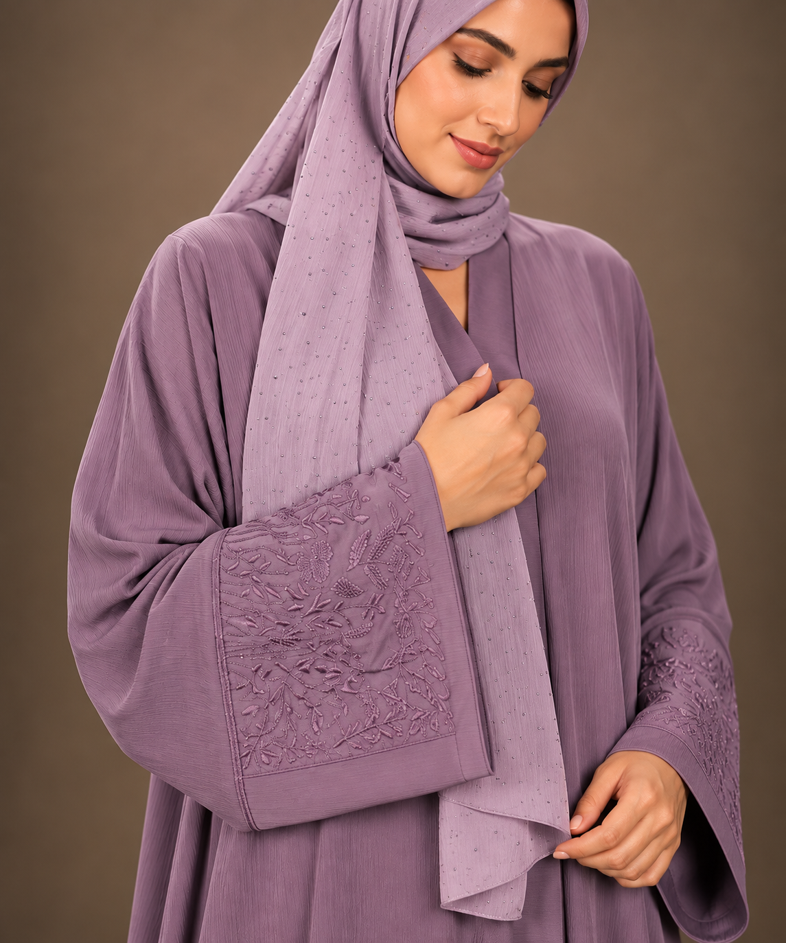 Mauve Purple Floral Vine Embroidered Abaya