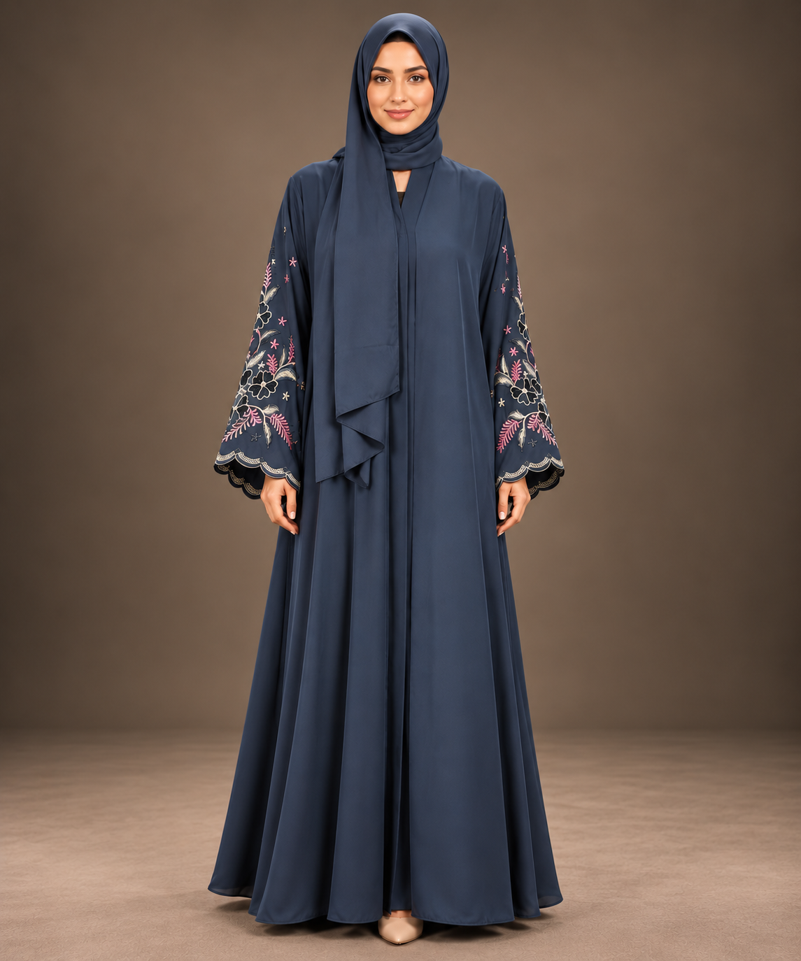 Navy Blue Floral Embroidered Abaya