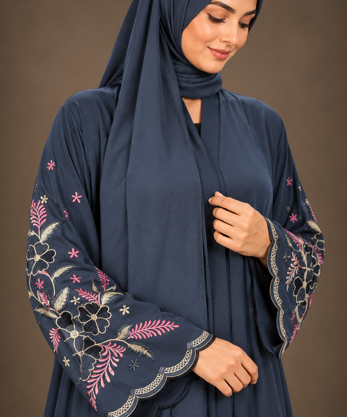 Navy Blue Floral Embroidered Abaya