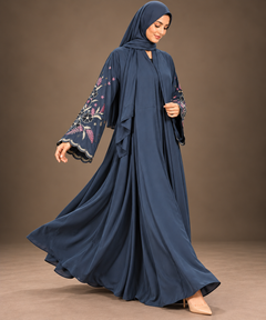 Navy Blue Floral Embroidered Abaya — Tahera's modest wear Pakistan