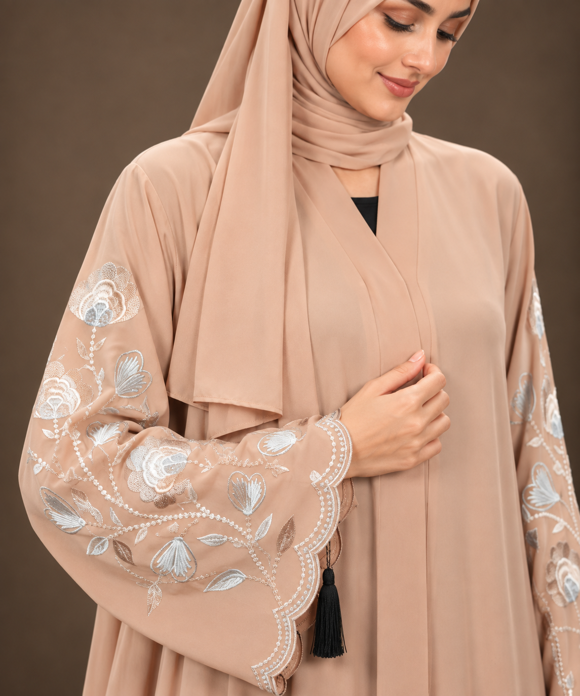 Peach Rose Vine Embroidered Abaya